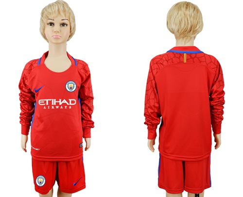 Manchester City Blank Red Goalkeeper Long Sleeves Kid Soccer Club Jersey